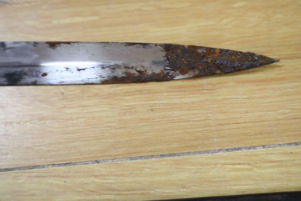 A Victorian officers sword, shagreen grip and 81cm curved, etched, single-edged blade, gilt metal scabbard, inscribed and personalised